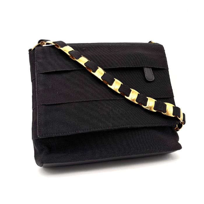 Salvadore Ferragamo サルヴァードーレ フェラガモ ロゴ キャンバス レザー チェーン ショルダー バッグ eH0895A