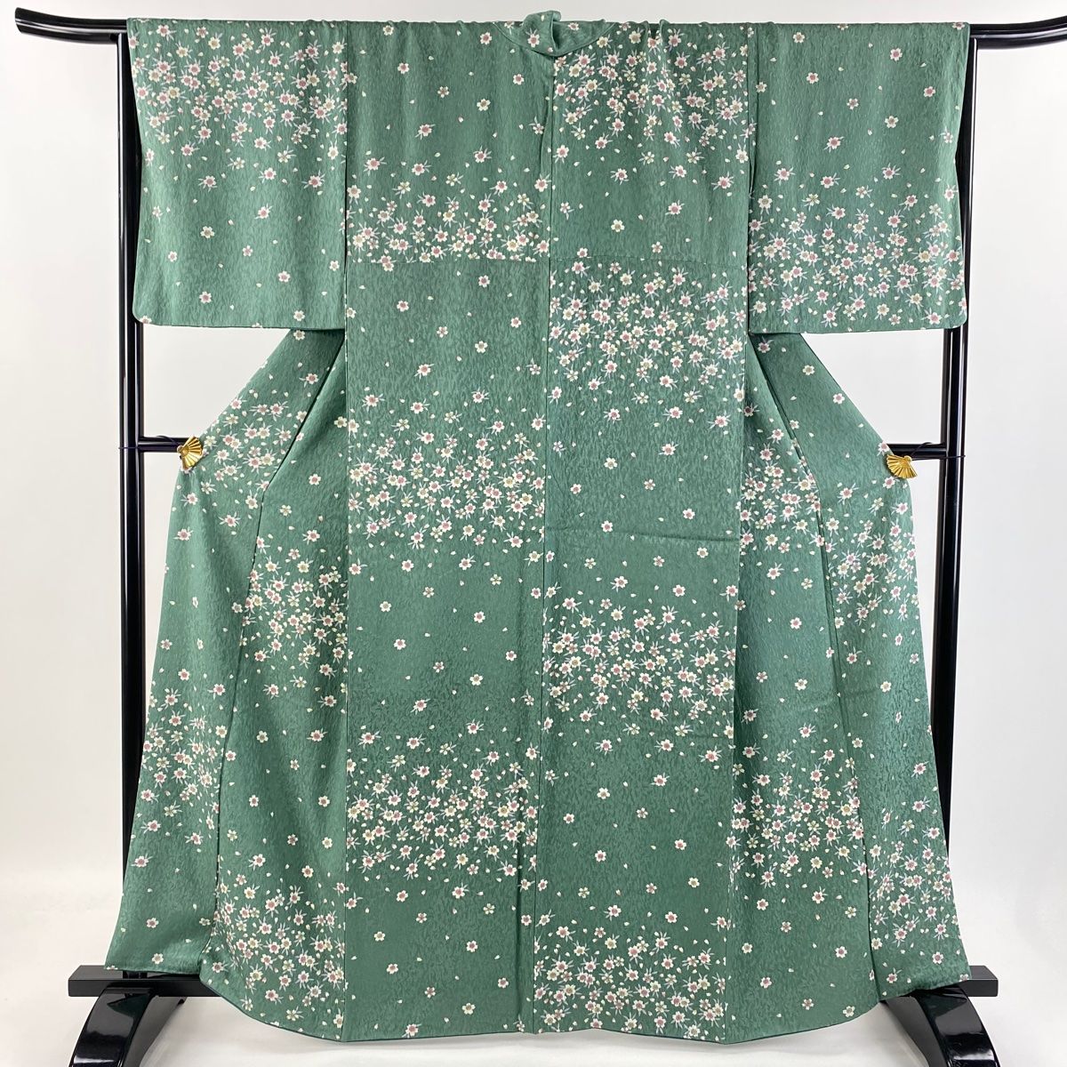 小紋 身丈161.5cm 裄丈65cm M 袷 桜 桜の花びら 薄緑 正絹 名品