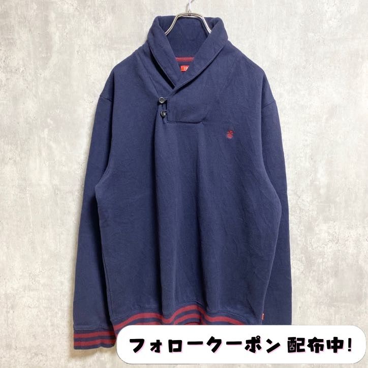 古着 used　IZOD　長袖スウェット　トレーナー　ショールカラー　ダブルカラー　ロゴ刺繍　ネイビー　紺　秋冬服