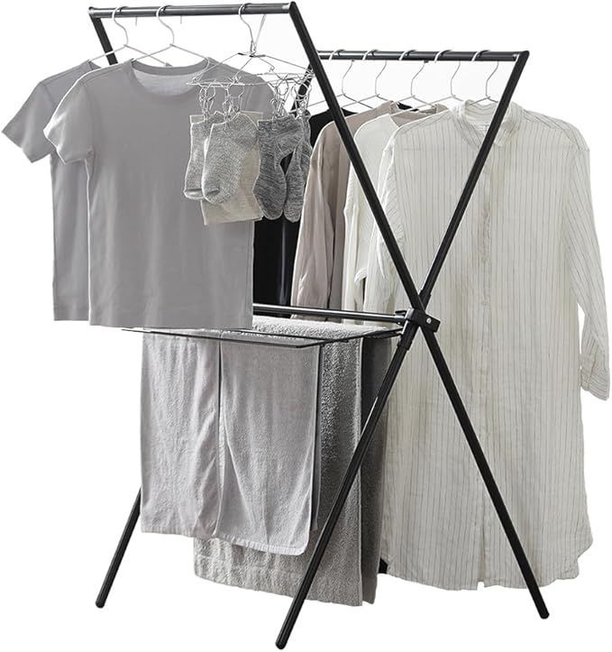 【在庫処分】アイリスオーヤマ 洗濯物干し 物干しスタンド 室内物干し ブラック X型 使わないときはコンパクトに畳める 簡単組立 インテリア性にこだわった 布団もカラっと乾かせる 着脱可能なタオルハンガー付き 幅約76×奥行約62×高さ約130 シンプ