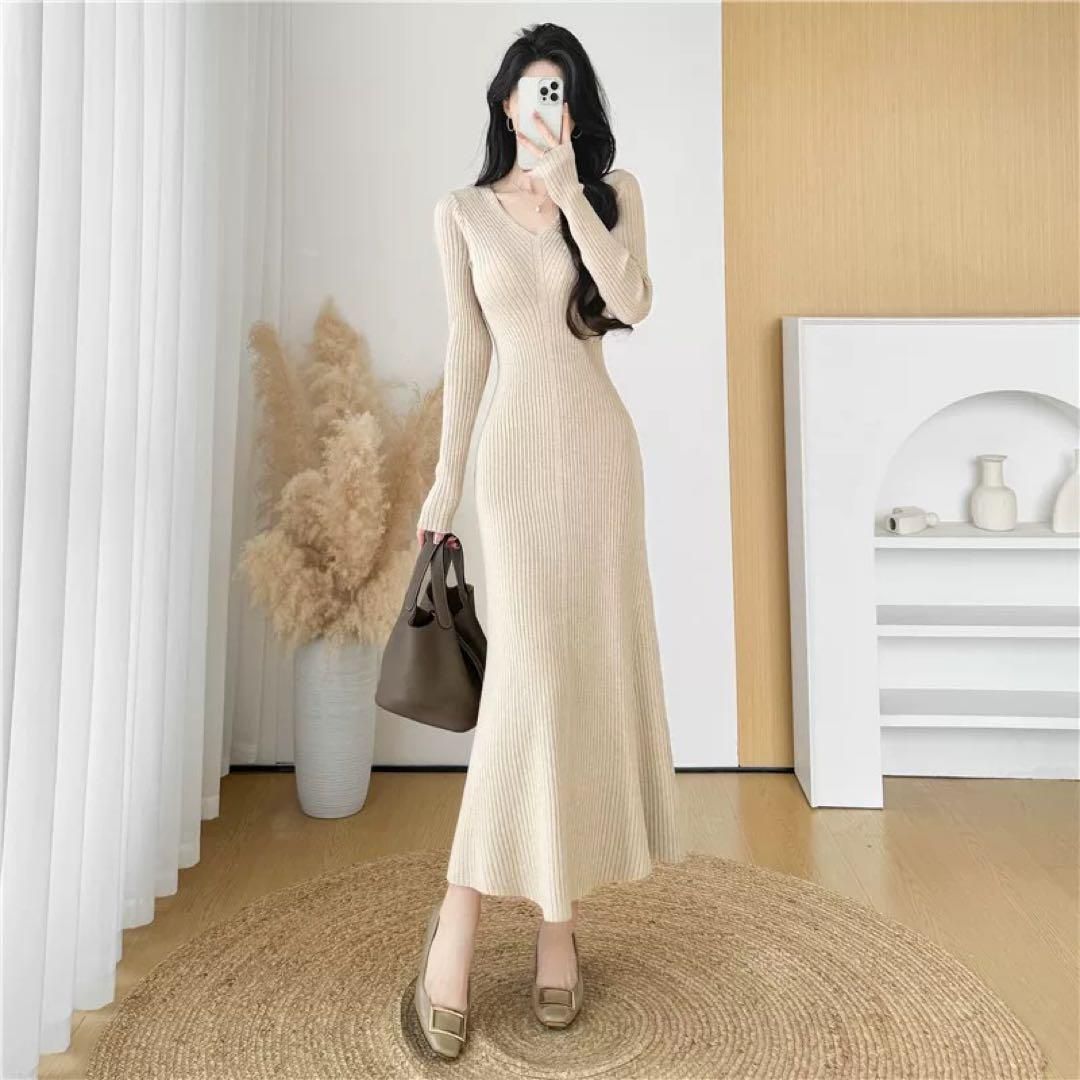 Vネックニットワンピース春のスリムフィットフィッシュテール 妖精的な高見えドレス