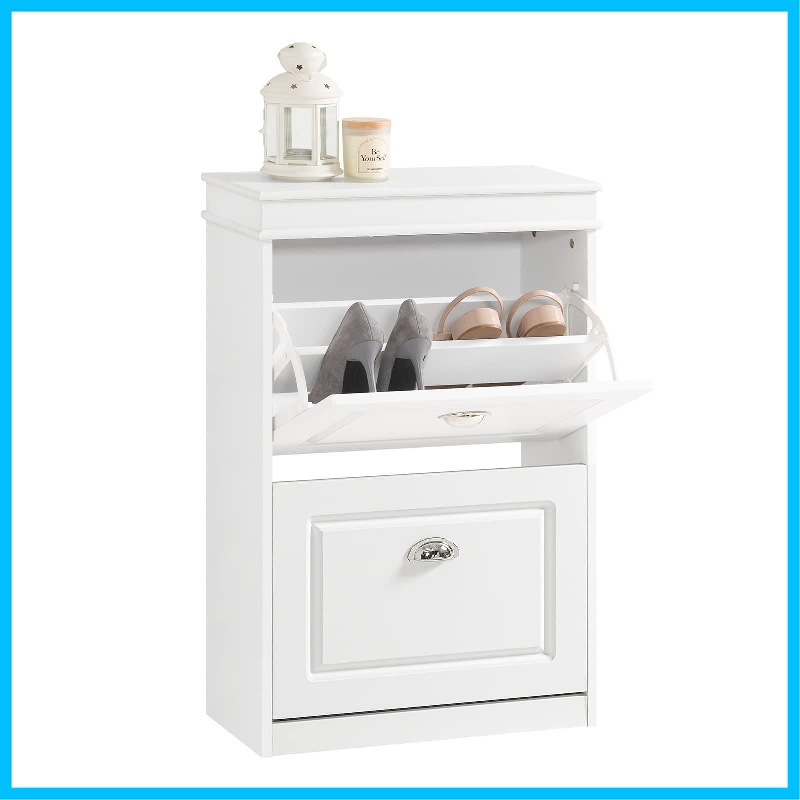 数量 おしゃれ フラップ 幅54x奥行24x高さ83cm 靴箱 省スペース スリム シューズラック 靴棚 薄型 靴収納 下駄箱 玄関キャビネット シューズボックス 玄関収納 SoBuy FSR78-W