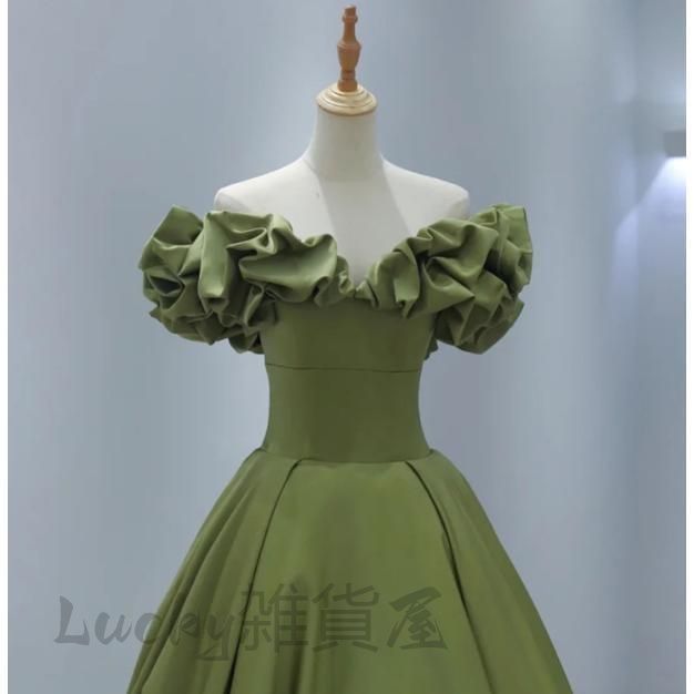 カラードレス グリーン 緑 オフショルダー 前撮り 披露宴 ロングドレス