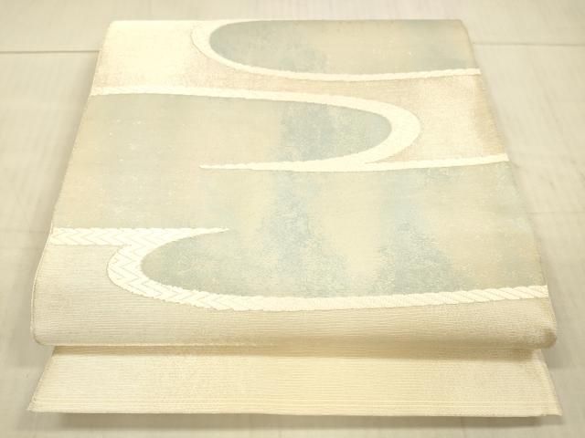 平和屋着物＊夏物　太鼓柄袋帯　刺繍　流水文　銀通し地　正絹　逸品　DAAX8648cm 平和屋着物＊夏物 太鼓柄袋帯 駒刺繍 総刺繍 草葉文 銀糸 正絹 逸品