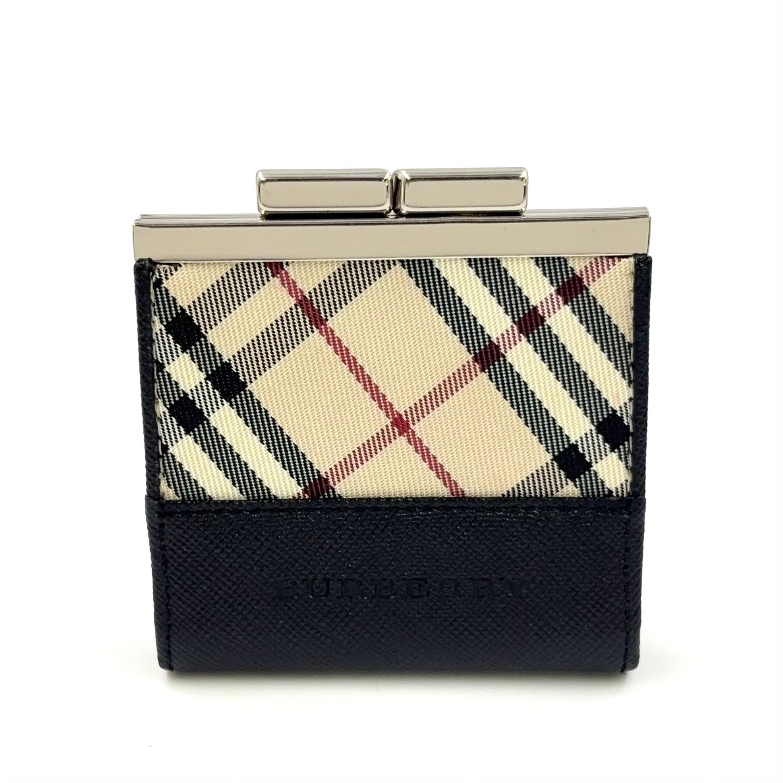 BURBERRY ノバチェック コインケース レザー×キャンバス ブラック×ベージュ×ボルドー 財布 シルバー