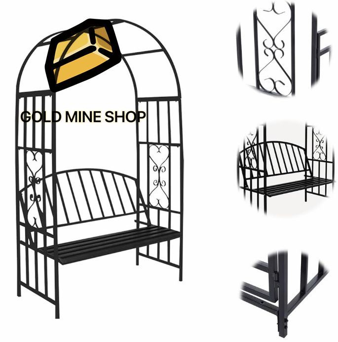 メタル 薔薇アーチ ガーデンアーチ ローズアーチ ベンチ付き パティオバラアーチ ガーデンデコレフラワーアーチ トレリス パーゴラ フェンス 園芸棚 パーゴラアーチ 幅114×高さ210×奥行52㎝ ブラック STEELWINDOWSANDDOORS_COM