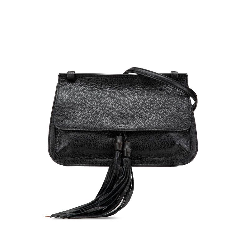 GUCCI ブラックレザー ショルダーバッグ タッセル付き