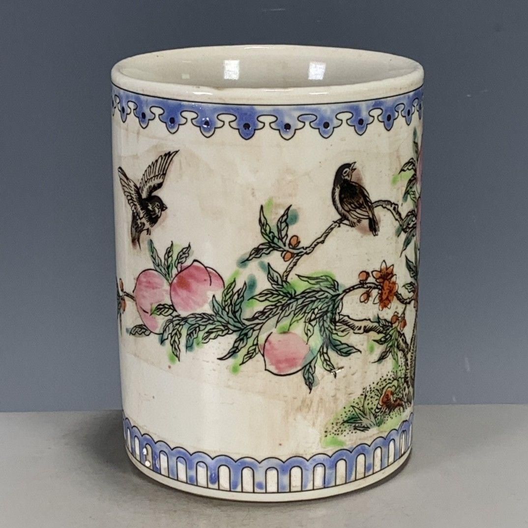 パステル花鳥紋筆箱 書道具 文房具 現代工芸品 美術品 置物 パステル色花鳥寿桃ペン立て 書道具 文房具 現代工芸品 美術品