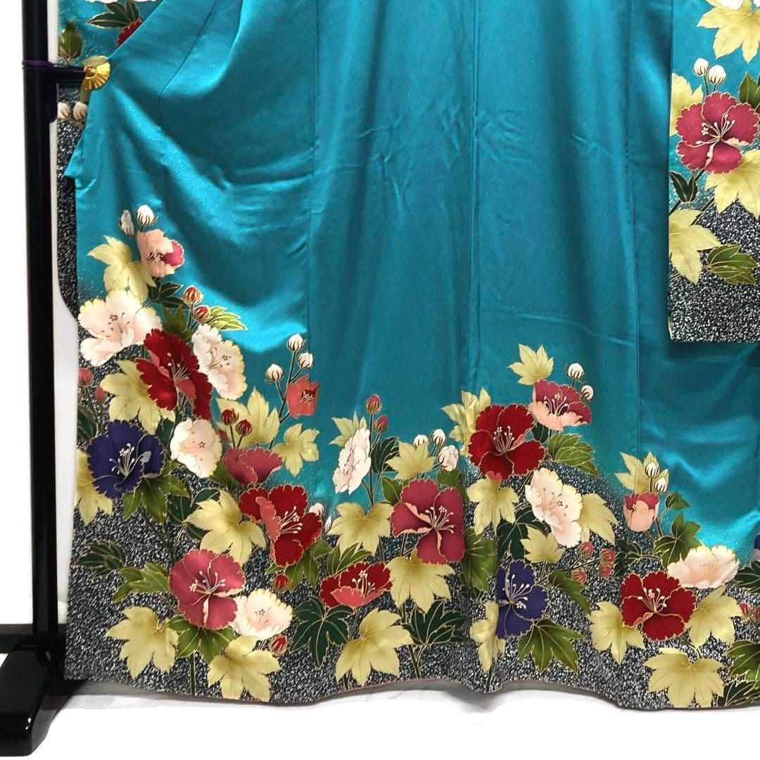 暖色振袖　金彩　芙蓉　ナイルブルー　金通し　成人式　晴れの日　着物　053a d 暖色振袖 金彩 芙蓉 ナイルブルー 金通し 成人式 晴れの日 着物