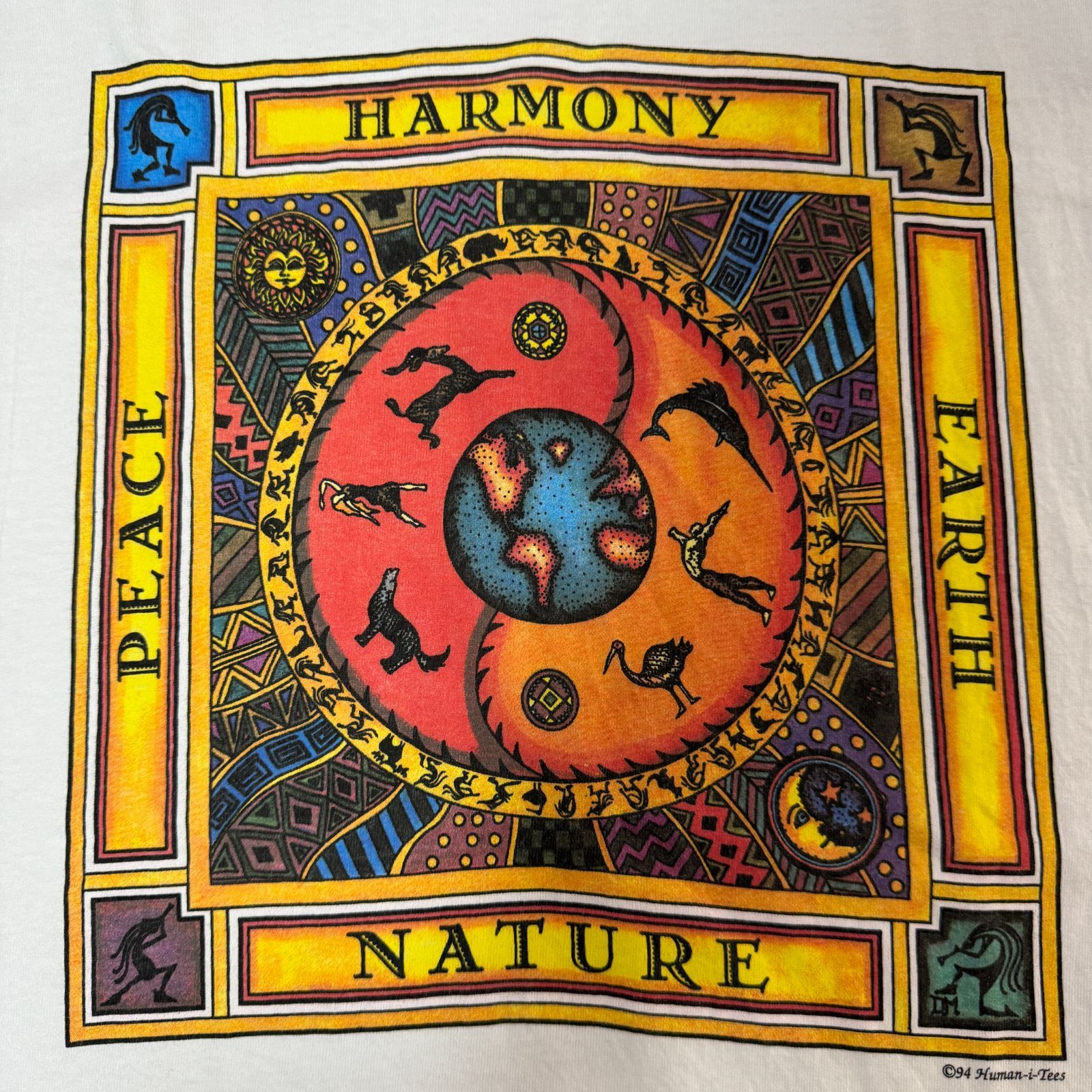 90s Human-i-Tees 地球 アース アニマル アート プリント Tシャツ XL 