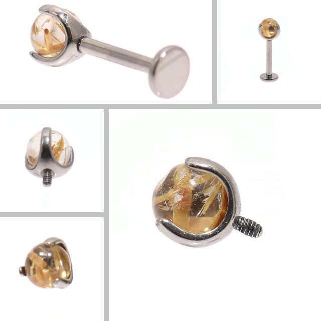 ルチルクォーツ 天然石ピアス 18G 16G 14G インターナル