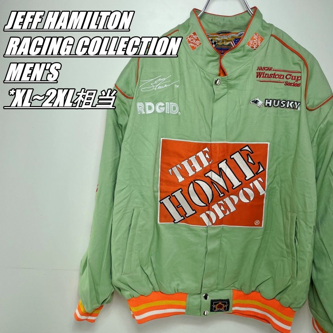 【US古着・男女オススメ】JEFF HAMILTON ジェフハミルトン レーシングジャケット メンズサイズXL~2XL相当 ライトグリーン系 企業ロゴ刺???