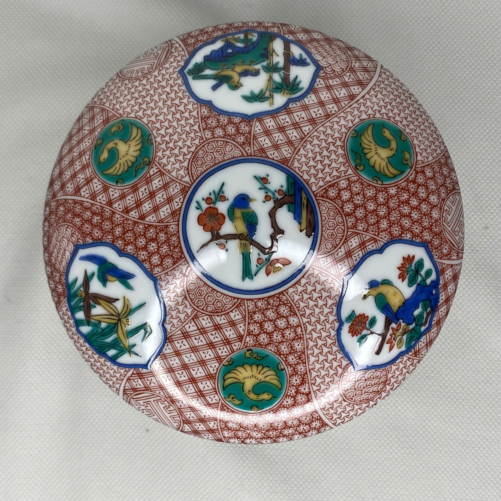 九谷焼青郊窯赤絵花鳥三段重蓋付き重ね鉢赤小紋古伊万里色絵捻り祥瑞