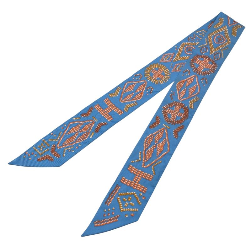 エルメス HERMES ツイリー KELLYENPERLES ブルーxオレンジ シルク レディース スカーフ