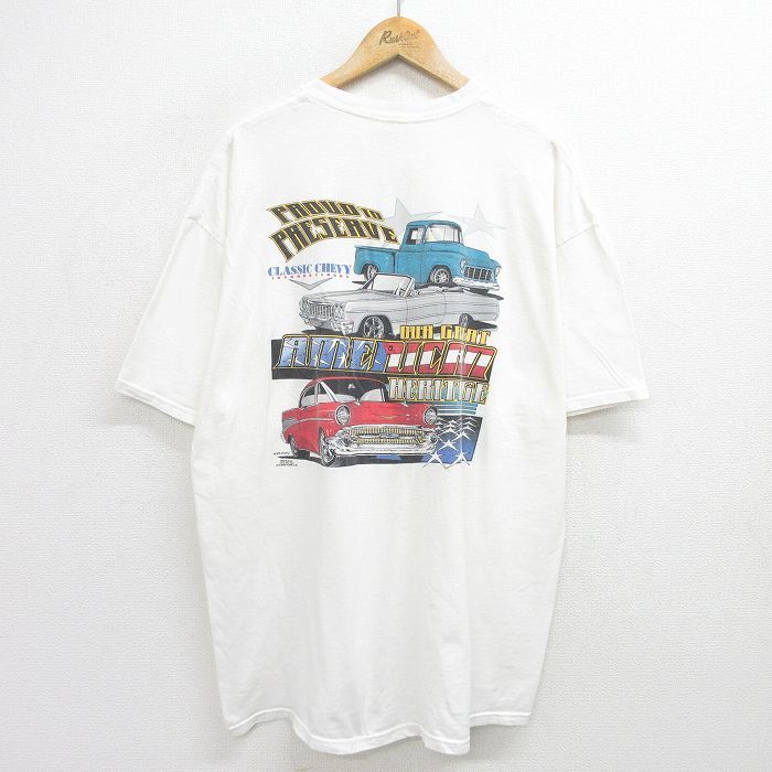 XL/古着 ヘインズ 半袖 ビンテージ Tシャツ メンズ 00s クラシックカー シボレー 大きいサイズ コットン クルーネック 白 ホワイト spe 24j