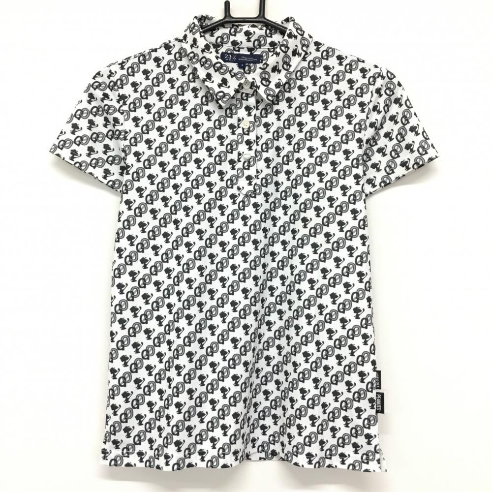 【美品】23区ゴルフ×PEANUTS 半袖ポロシャツ 白×黒 スヌーピー総柄  レディース I(M) ゴルフウェア 23区