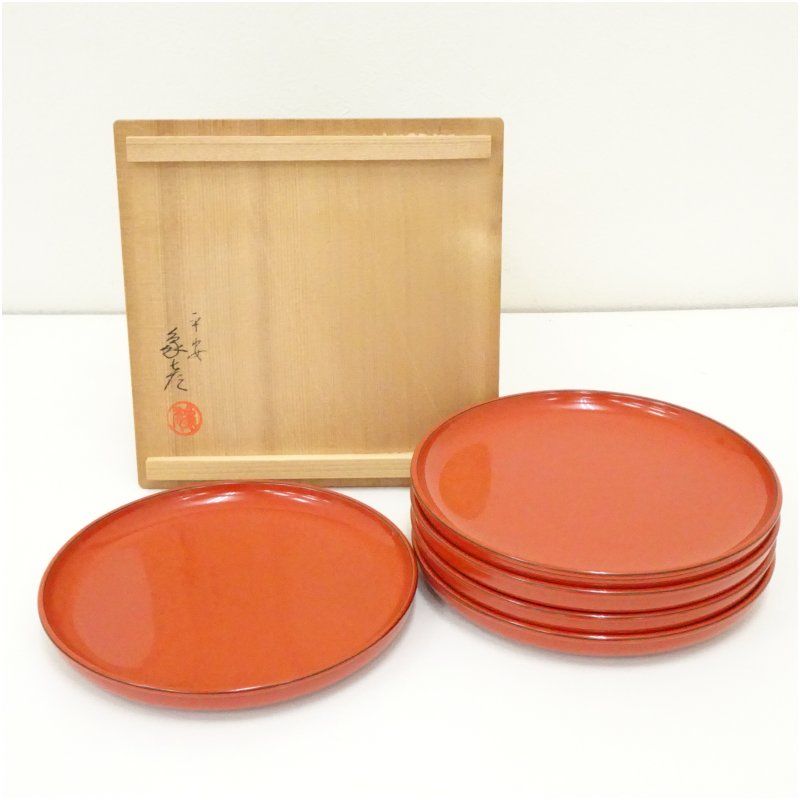 象彦造 古代朱塗受皿5客 共箱 食器 おしゃれ かわいい インテリア レトロ アンティーク プレート 居酒屋 カフェ 和食 洋食