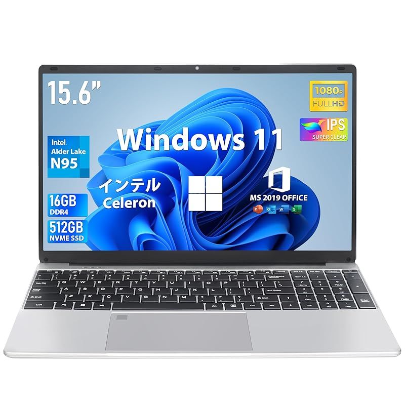 ノートパソコン MS Office 2019 Win 11Pro 15.6インチ液晶IPS 1920*1080 メモリ DDR4 16GB|Nvme 高速SSD 512GB パソコンノート 第12世代CPU Alder Lake-N95 1.7~3.4 1