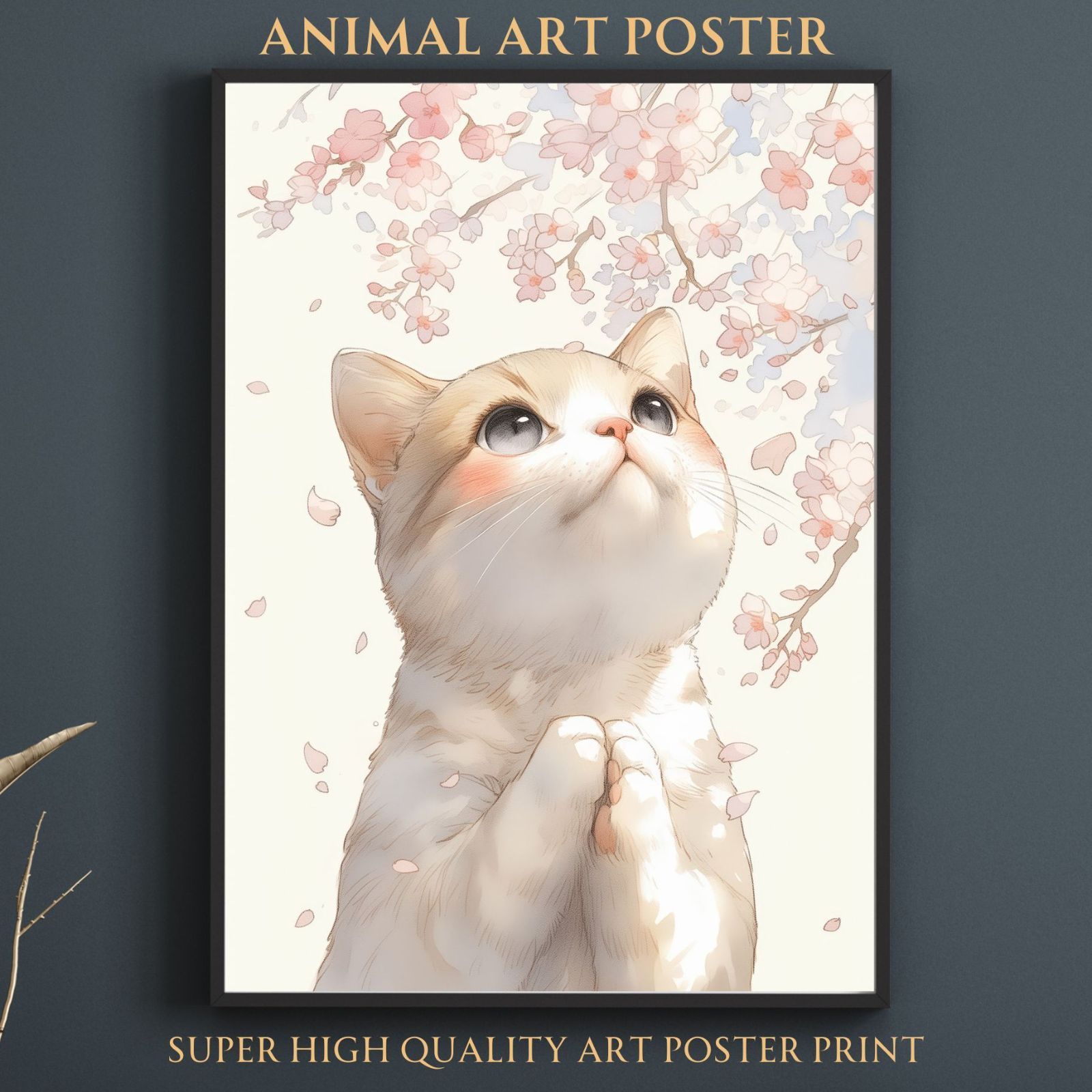 桜猫戯舞 - スコティッシュフォールド No.2 桜 花見 春 花びら 子猫 猫 キャット ペットロス うちの子 記念日 アートポスター 犬の絵 犬のイラスト ギフト プレゼント