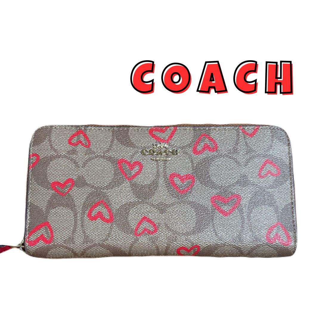 美品】COACH 長財布 シグネチャー ハート柄 ブラウン コーチ ラウンド