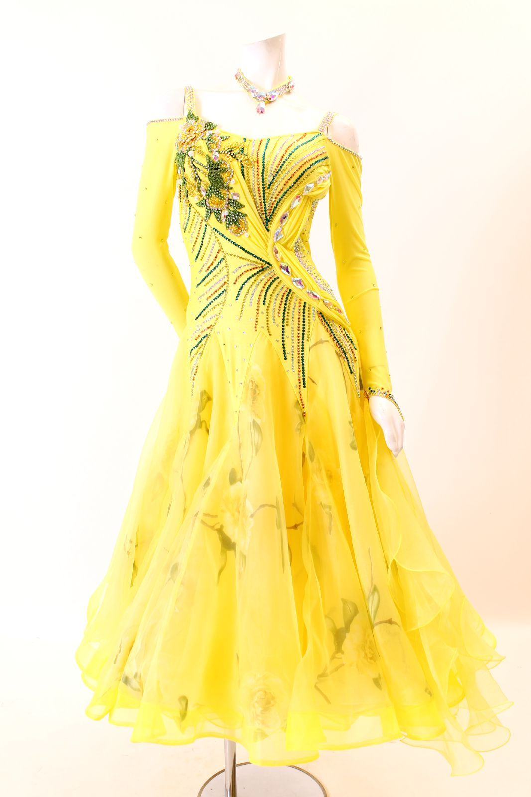 ドレス イエロー×プリント柄 Ｍサイズ コンテスト 発表会 パーティ ナイトドレス オーダーメイド対応可