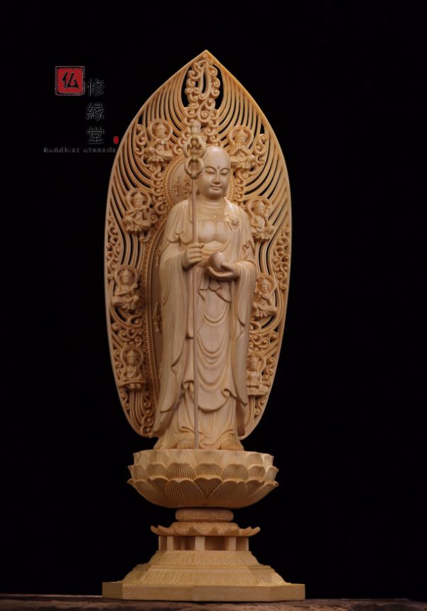 修縁堂】木彫り 仏像 地蔵菩薩立像 仏教工芸 彫刻 購入 一刀彫 天然木檜材