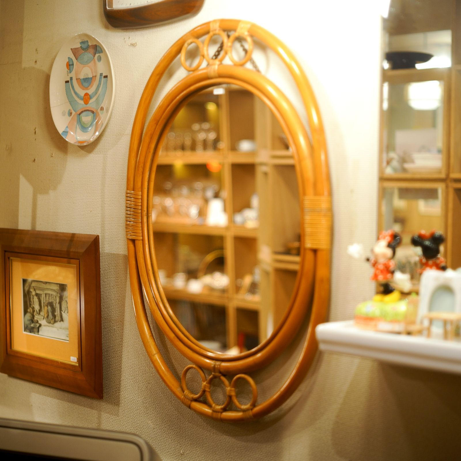 ラタン｜壁かけ｜鏡｜ミラー｜洗面｜