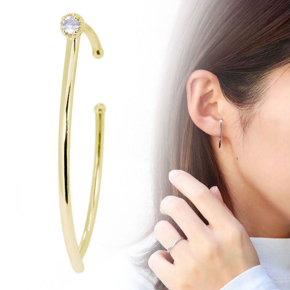 イヤーカフ 18k 大ぶり ゴールド ピンクゴールド K18 イヤカフ レディース 片耳 ロイヤルブルームーンストーン ストレート【受注生産の為8～10営業日程度で発送】