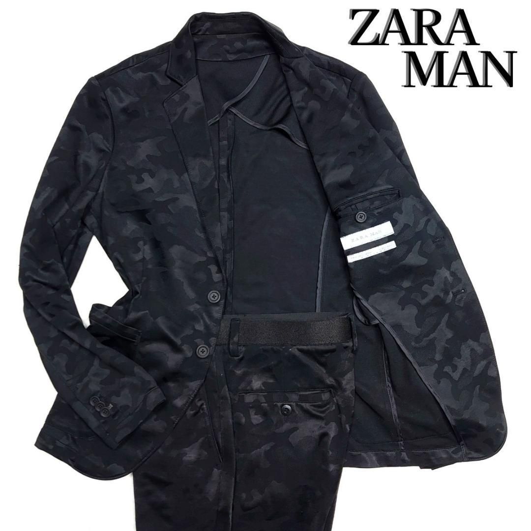 ZARA MAN ザラ 黒 迷彩セットアップ スーツ 刻印入りボタン ロゴ金具 