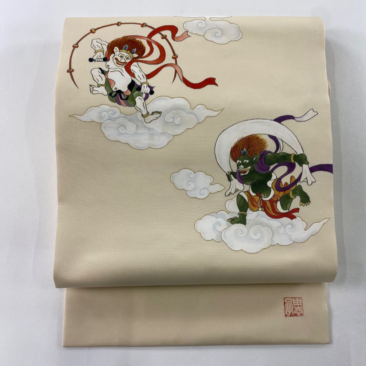 付け帯 名品 落款 作り帯 風神雷神 金彩 ベージュ 正絹