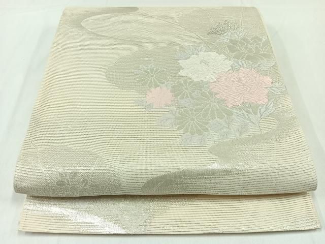 平和屋着物＊夏物 六通柄袋帯 草花文 銀糸 正絹 逸品 未使用