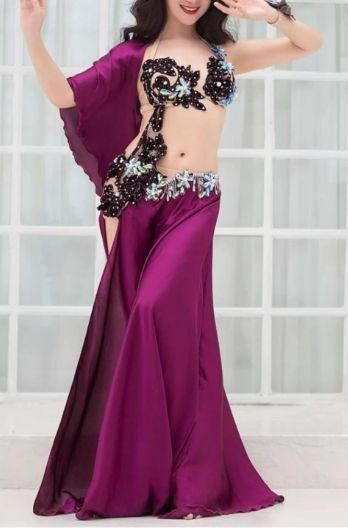 共振 セール ベリーダンス衣装 上下セット スリーブ付き ブラ スカート パープル 最短翌日お届け。