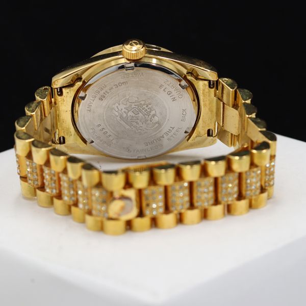 稼働 エルジン FK-642-A ストーンベゼル デイト QZ ゴールド文字盤