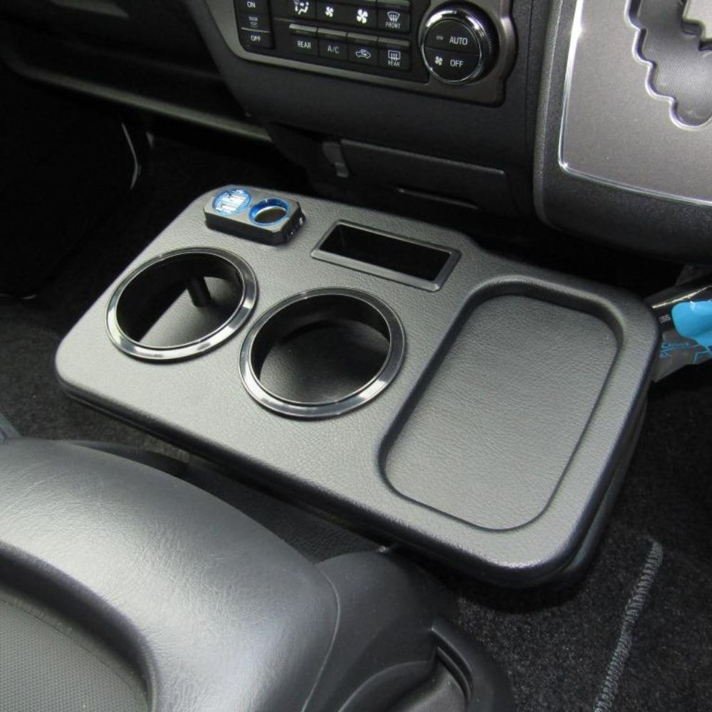 レザー調 エレガントブラック USB充電付 マルチドリンクホルダー フロント用 ハイエース 200系 前期 後期 デザイン2 受注生産品納期3week BRIGHTFACE_UK