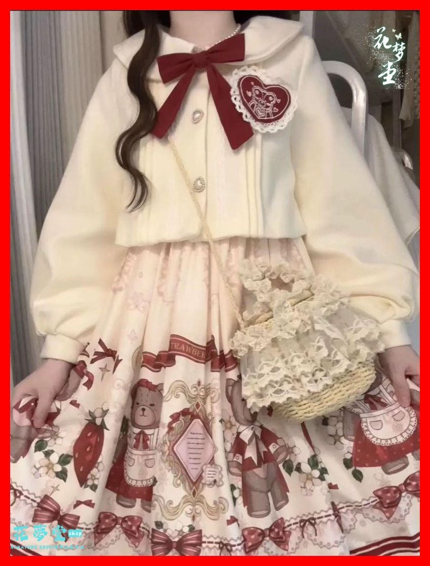 25年 全新 上着付きクマちゃん×イチゴ柄ひざ丈ロリータワンピ秋冬コーデに女子会にぴったり