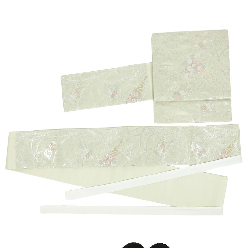 上質　正絹　袋　二重太鼓　作り帯　二部式　クリーム　楓柄　中古品 作り帯 お太鼓 袋帯 付け帯 紗 夏物 正絹 中古 二重太鼓 薄緑 扇 秋草