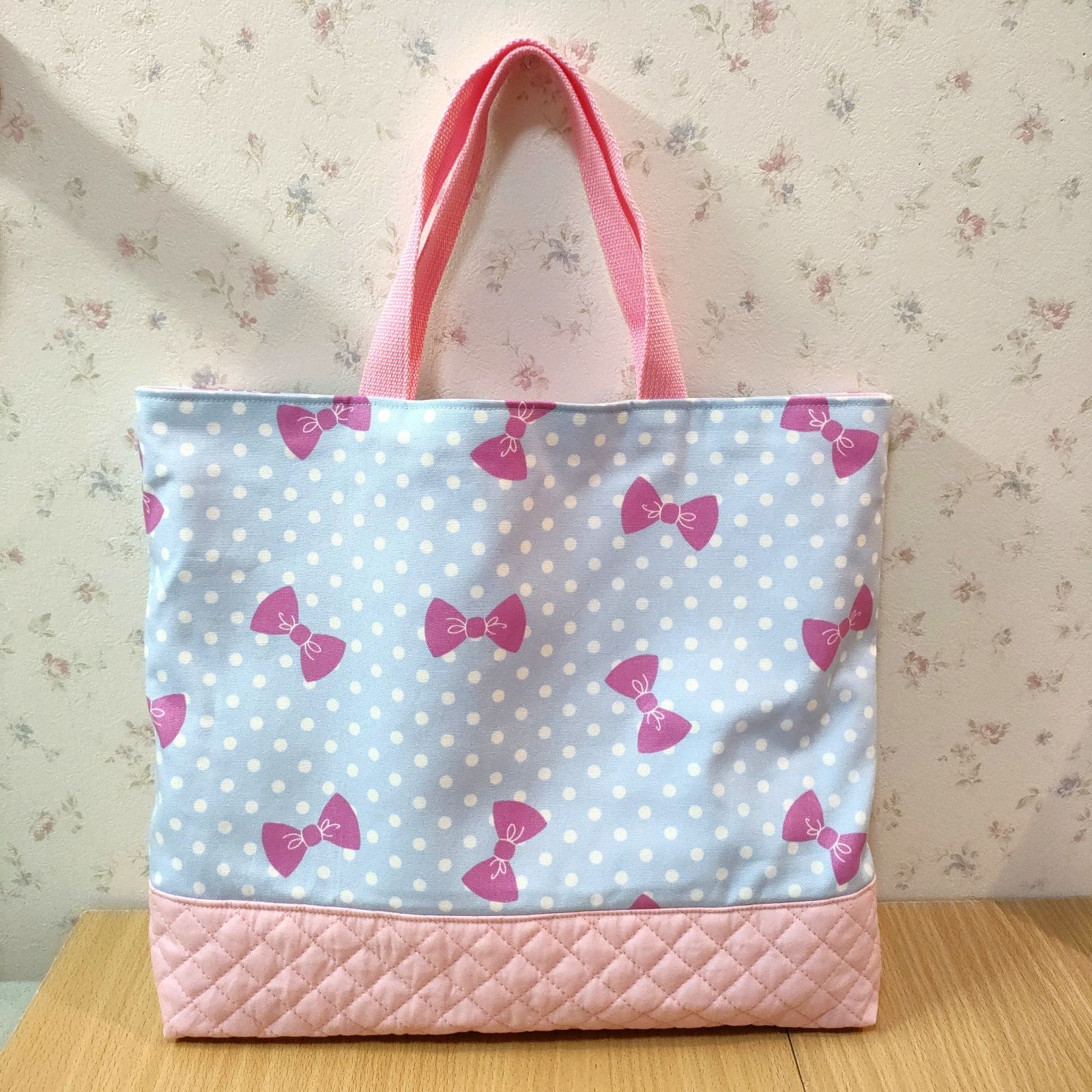 かわいい♡水色りぼん柄 レッスンバッグ 上履き入れ セット - メルカリ