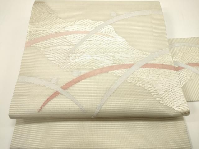 平和屋着物＊夏物 九寸名古屋帯 舞葉文 黒地 銀糸 正絹 逸品