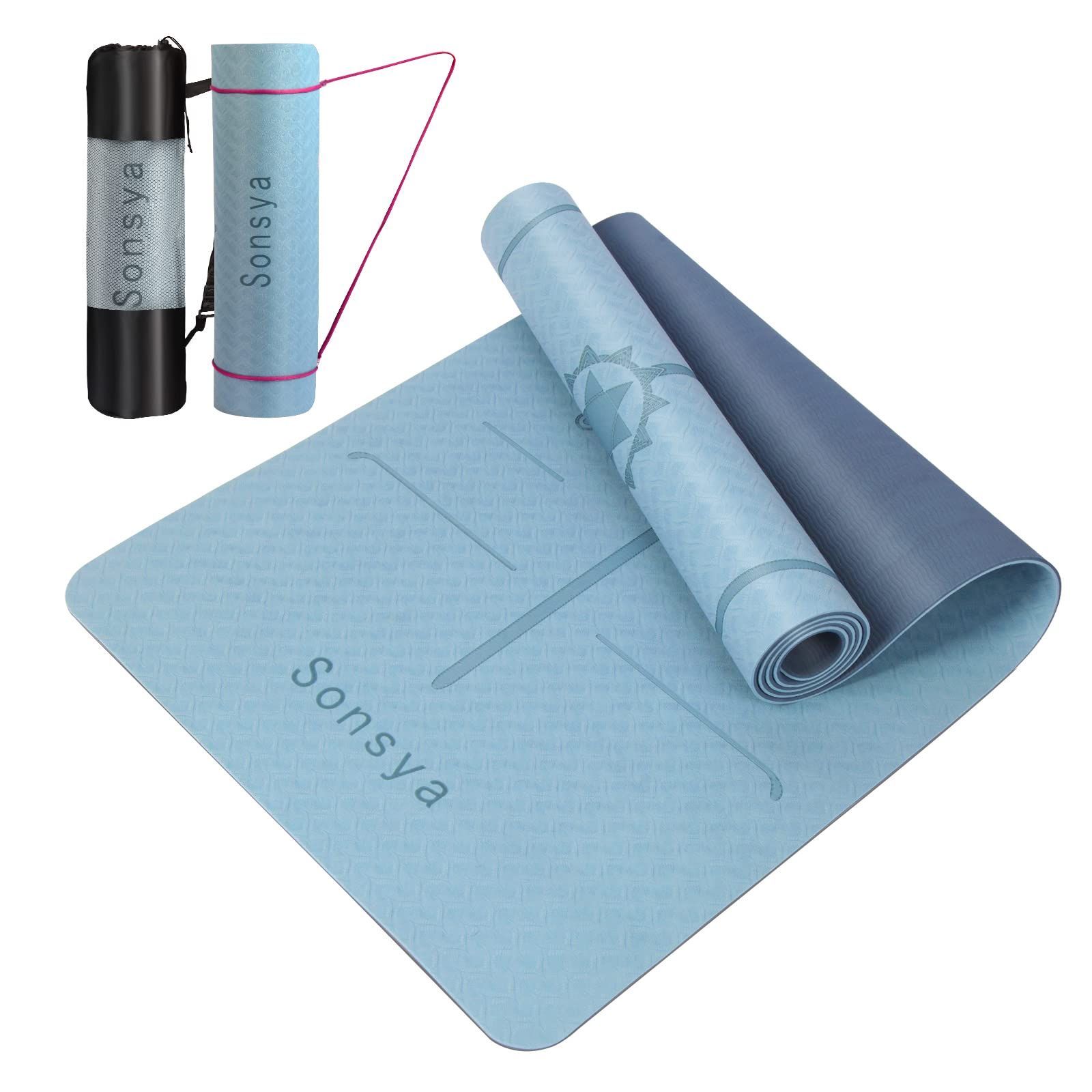 【特価セール】yoga mat フィットネスマット ピラティスマット 軽量2色エクササイズマット 両面滑り止め 収納袋付き ボディポジションライン 厚めトレーニングマットTPE素材 ヨガマット6mm Sons