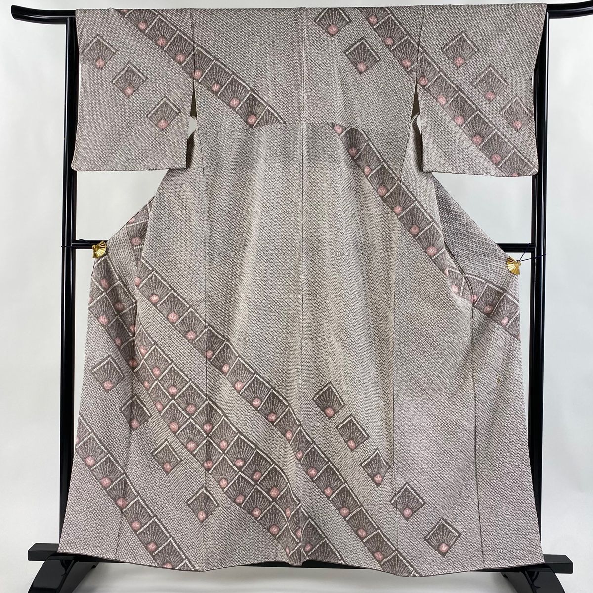 美品】 訪問着 身丈159.5cm 裄丈65cm M 袷 菱 幾何学 総絞り 灰茶 正絹