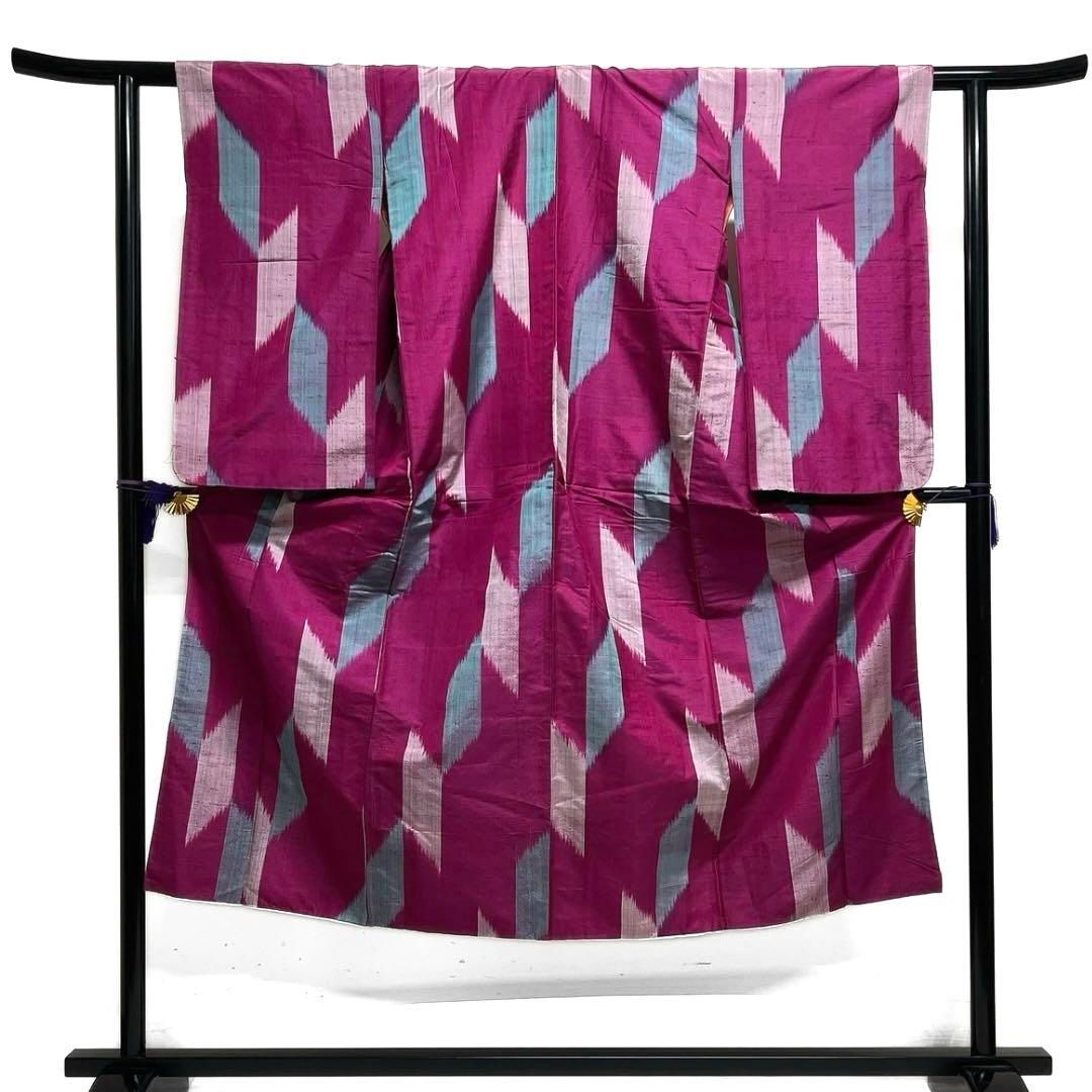 アンティーク 小紋 明仙 変わり縦縞 変わり矢羽 パープル 着物 092a d