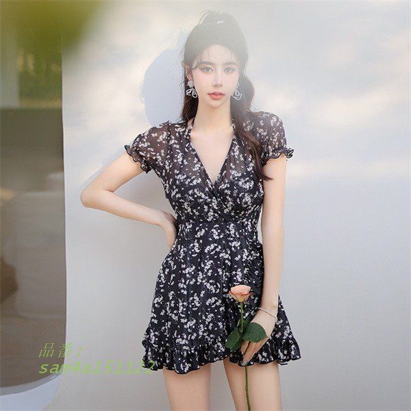 ワンピース水着 ぽっちゃり レディース 大きいサイズ 韓国 可愛い セクシー 痩せ見え フリル かわいい オトナ女子 体型カバー 袖付き am4a151122