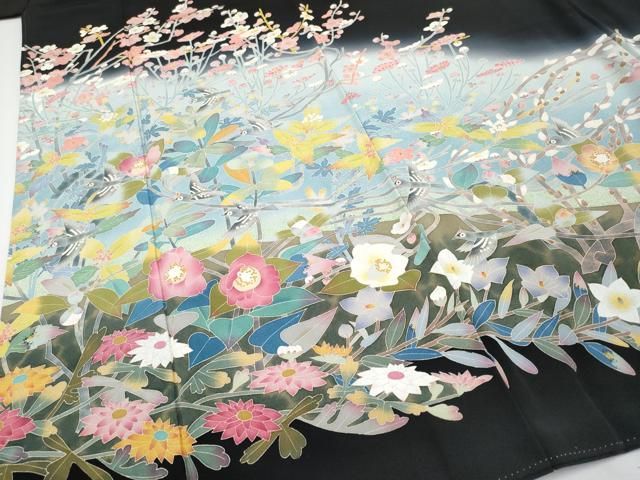 ゆりのはな　未使用品　黒留袖　京友禅金彩ボカシ　作家物　松竹梅に風景画　C702 黒留袖 京加賀友禅 福を呼ぶ 七福神 落款 未仕立て 仮絵羽 在庫