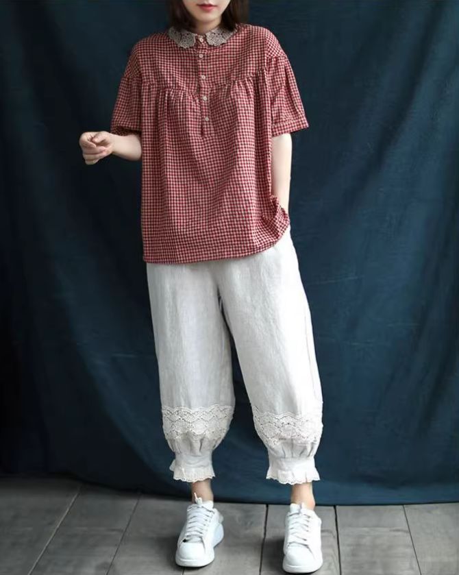 ブラウス 夏 レディース レース襟ブラウス ギンガムチェック 半袖 ブラウス コットン トップス プルオーバー 綿 チェック柄 ナチュラル 森ガール Tシャツ キレイめ 大きいサイズ ゆったり 体型カバー 夏 大人