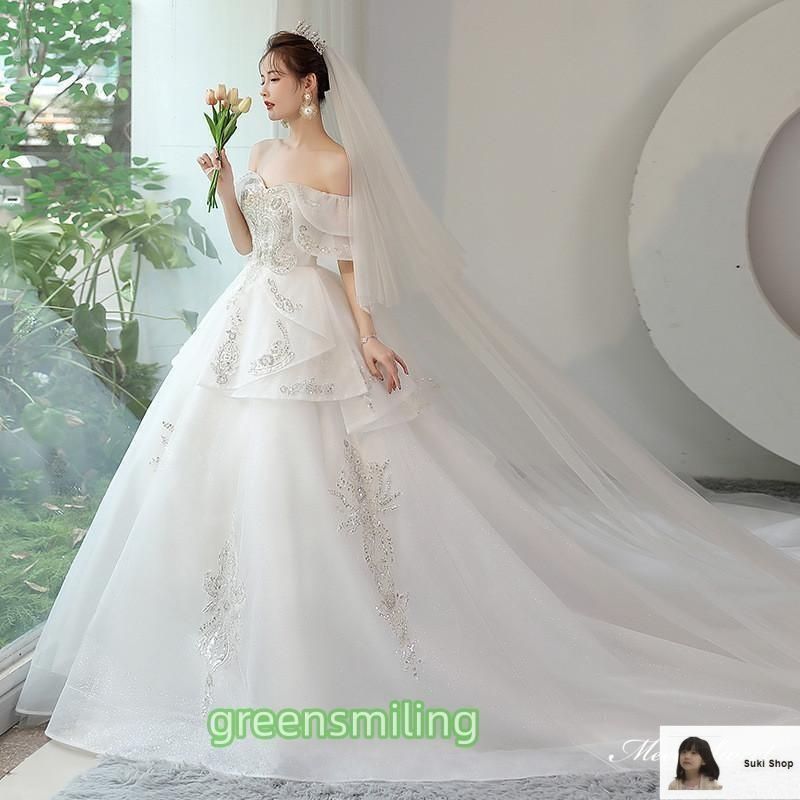 花嫁 ウェディングドレス プリンセスライン 白ドレスワンピース シンプル 結婚式 撮影用 披露宴 ロングドレス フォトウェディング