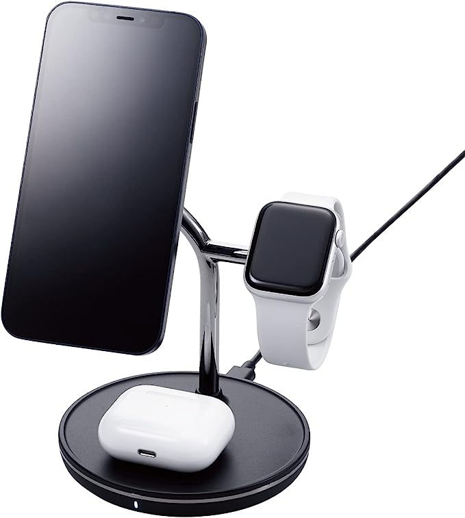 ブラック エレコム ワイヤレス充電器 3in1 3台同時充電 [Magsafe対応のiPhone/Apple Watch/AirPods]  マグネット内蔵 7.5W+5W Type-C(入力ポート) C-Cケーブル付属 Apple正規認証品 M ::35201 