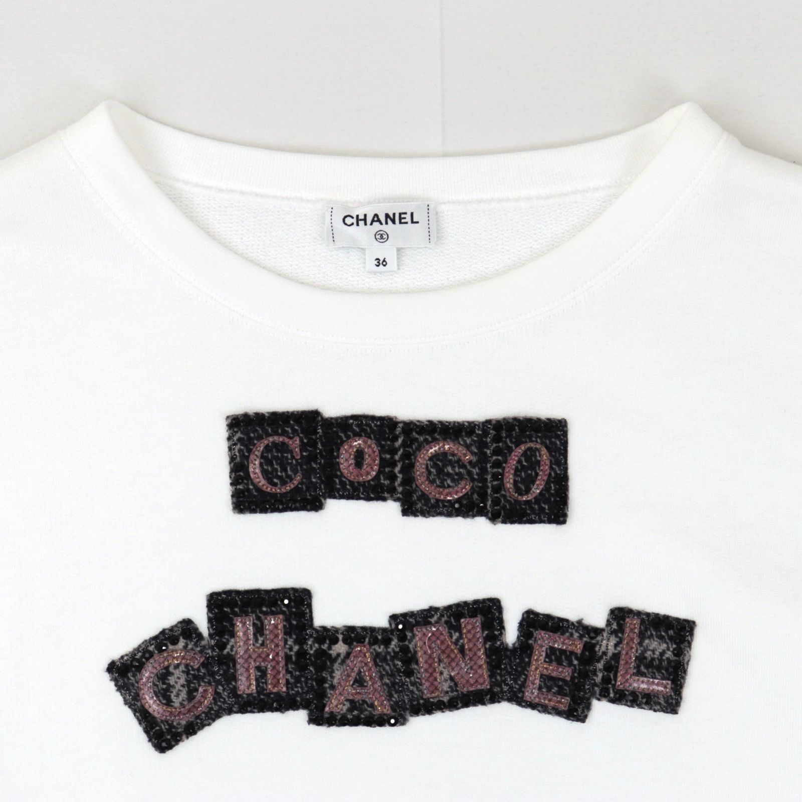 美品 シャネル P71 ロゴ ツイードパッチ 半袖Tシャツ レディース 白 36 