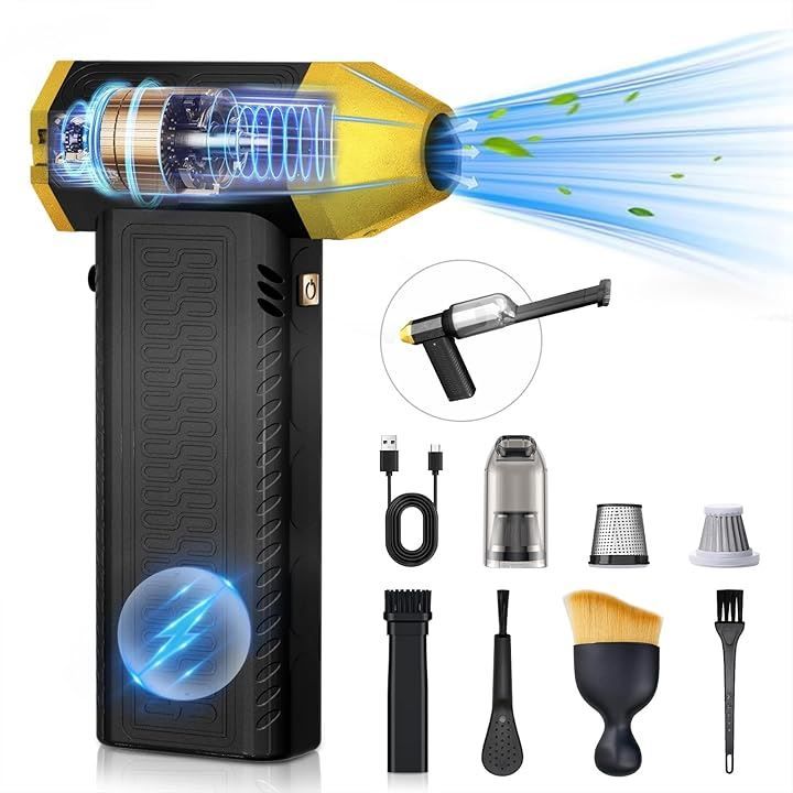 Raydyn 電動エアダスター 超強力 ミニ掃除機 1台2役 300000rpm 吹き飛ばし＆吸い込む 超吸引力 12000Pa 軽量 8000mAh 無段階風量調整 Type-C充電式 ブロワー 洗車 ブラック Large