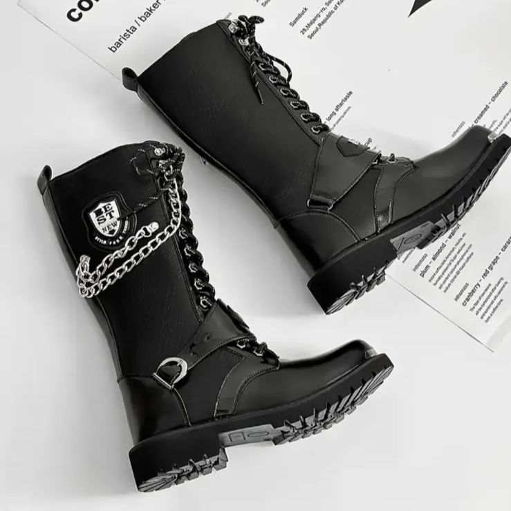 ブーツ バイクブーツ ウエスタンブーツ メンズ PU ロングブーツ エンジニアブーツ チェーン付き ロック おしゃれ リベットレースアップブーツ ワークブーツ 編み上げブーツ 軽量 防水 メンズブーツ 滑り止め バイクシューズ カジュアル ショート 厚底 黒