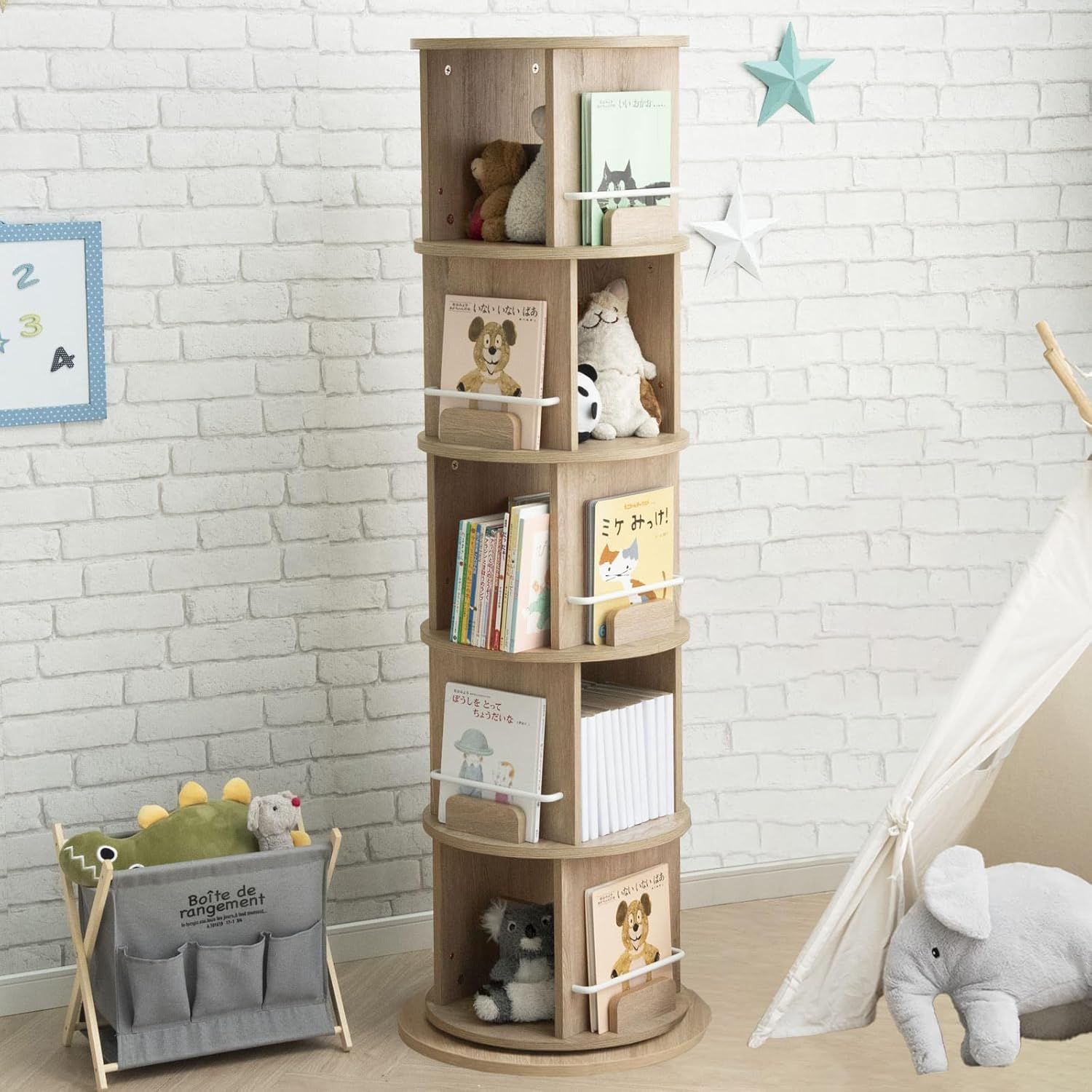 本棚 回転式本棚 絵本棚 天然木 漫画 ブックシェルフ 5段 本棚
